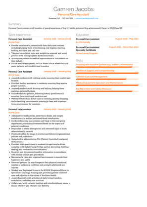 Personal Care Assistant Resume Sample and Template