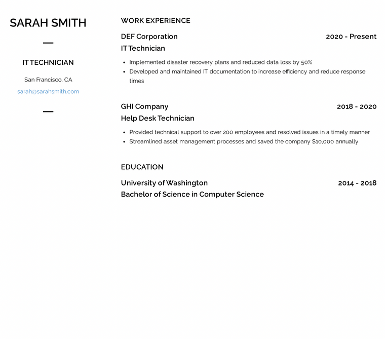 IT Technician Resume Example 4