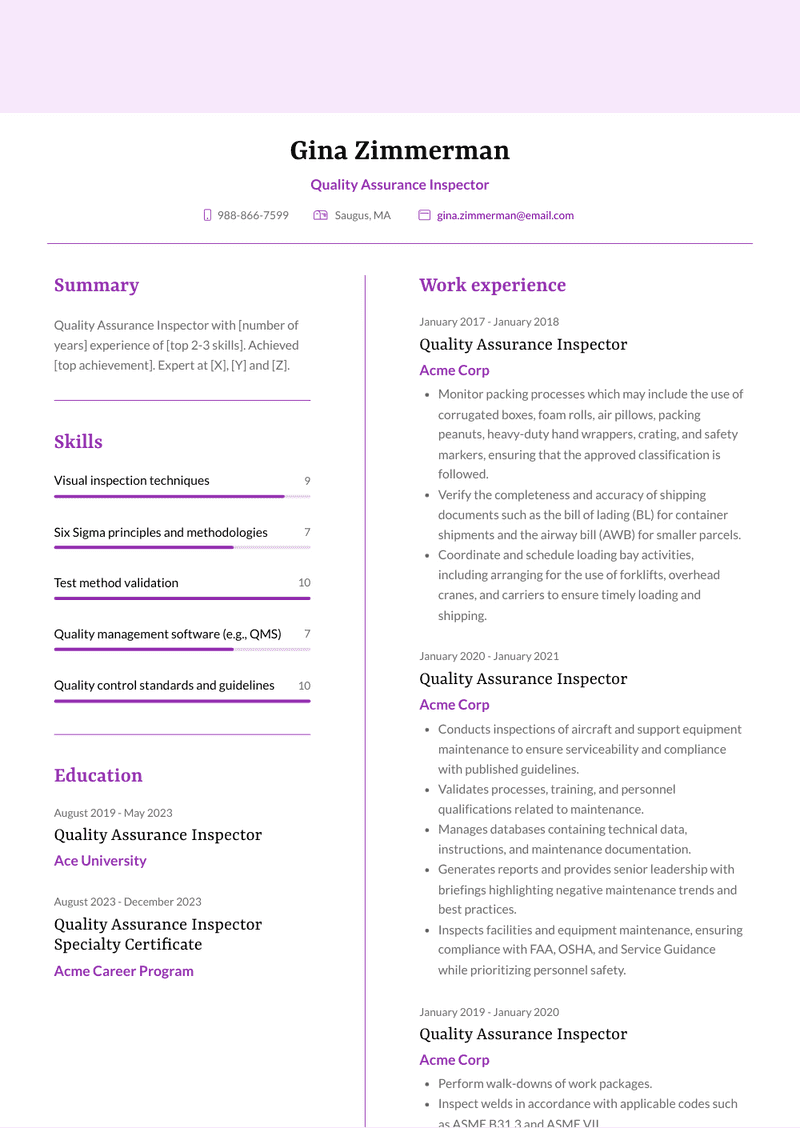 Quality Assurance Inspector Resume Sample and Template