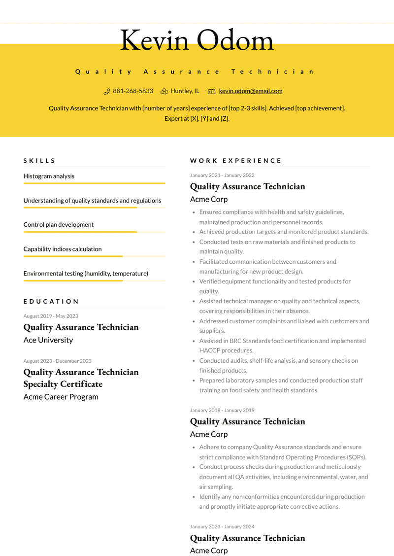 Quality Assurance Technician Resume Sample and Template