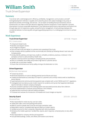 Truck Driver/Supervisor CV Example and Template