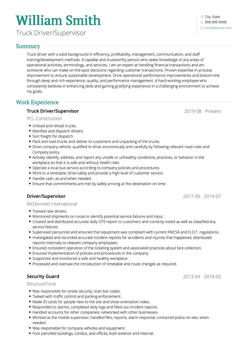 Truck Driver/Supervisor CV Example and Template