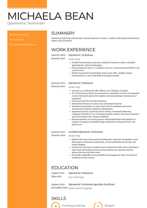 Optometric Technician Resume Sample and Template