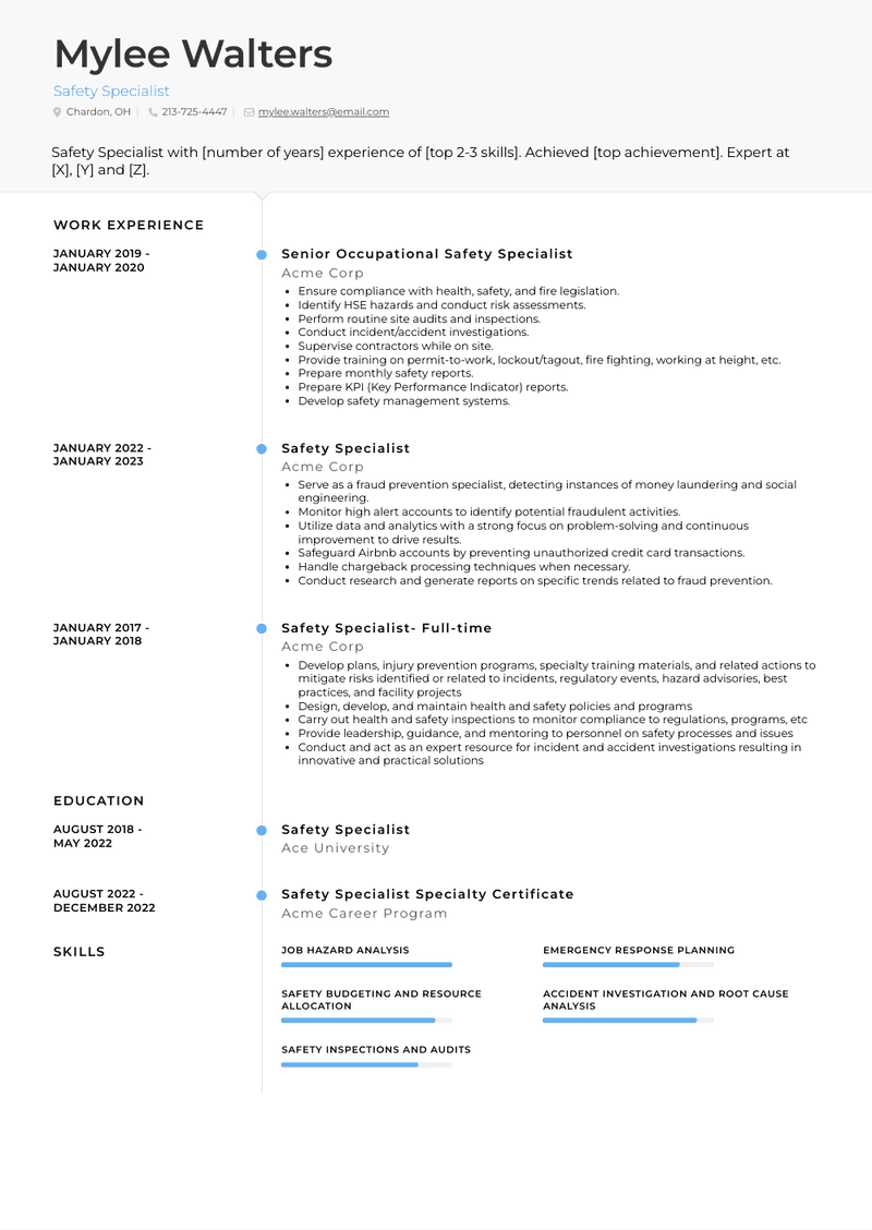 Safety Specialist Resume Sample and Template