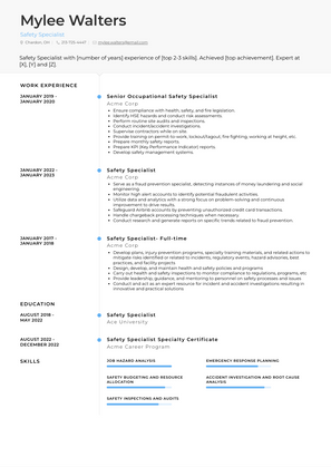 Safety Specialist Resume Sample and Template