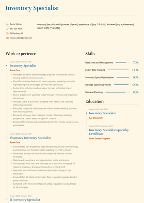 Inventory Specialist Resume Sample and Template