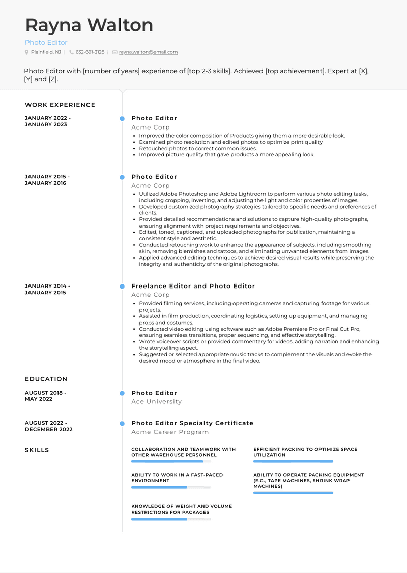 Photo Editor Resume Sample and Template