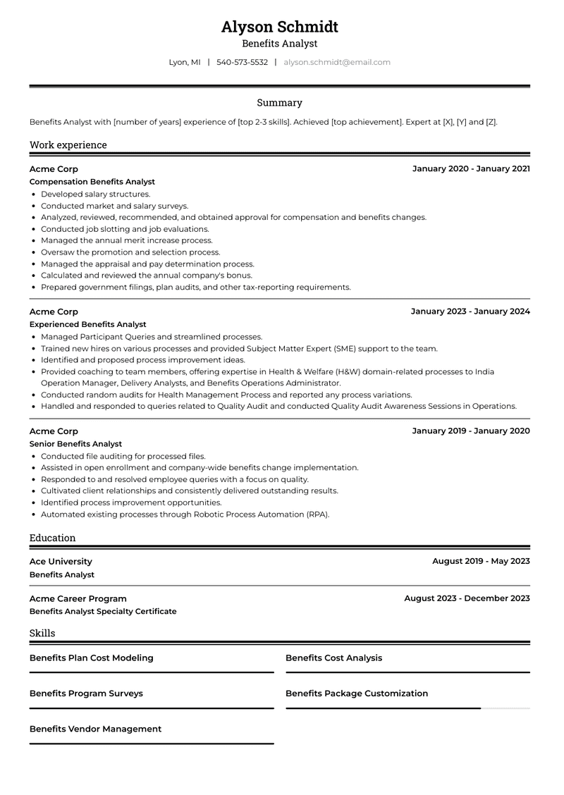 Benefits Analyst Resume Sample and Template