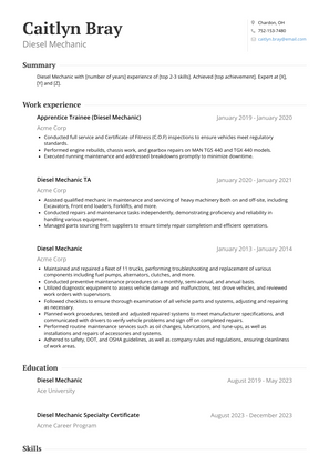 Diesel Mechanic Resume Sample and Template