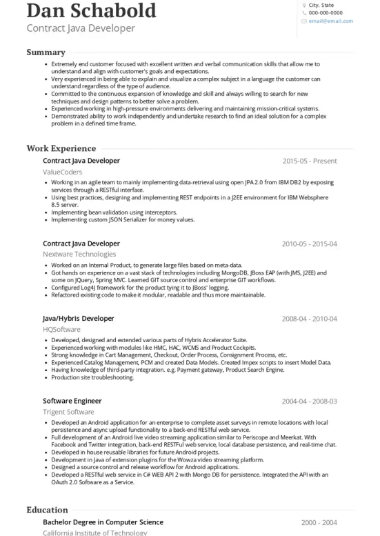 java resume skills