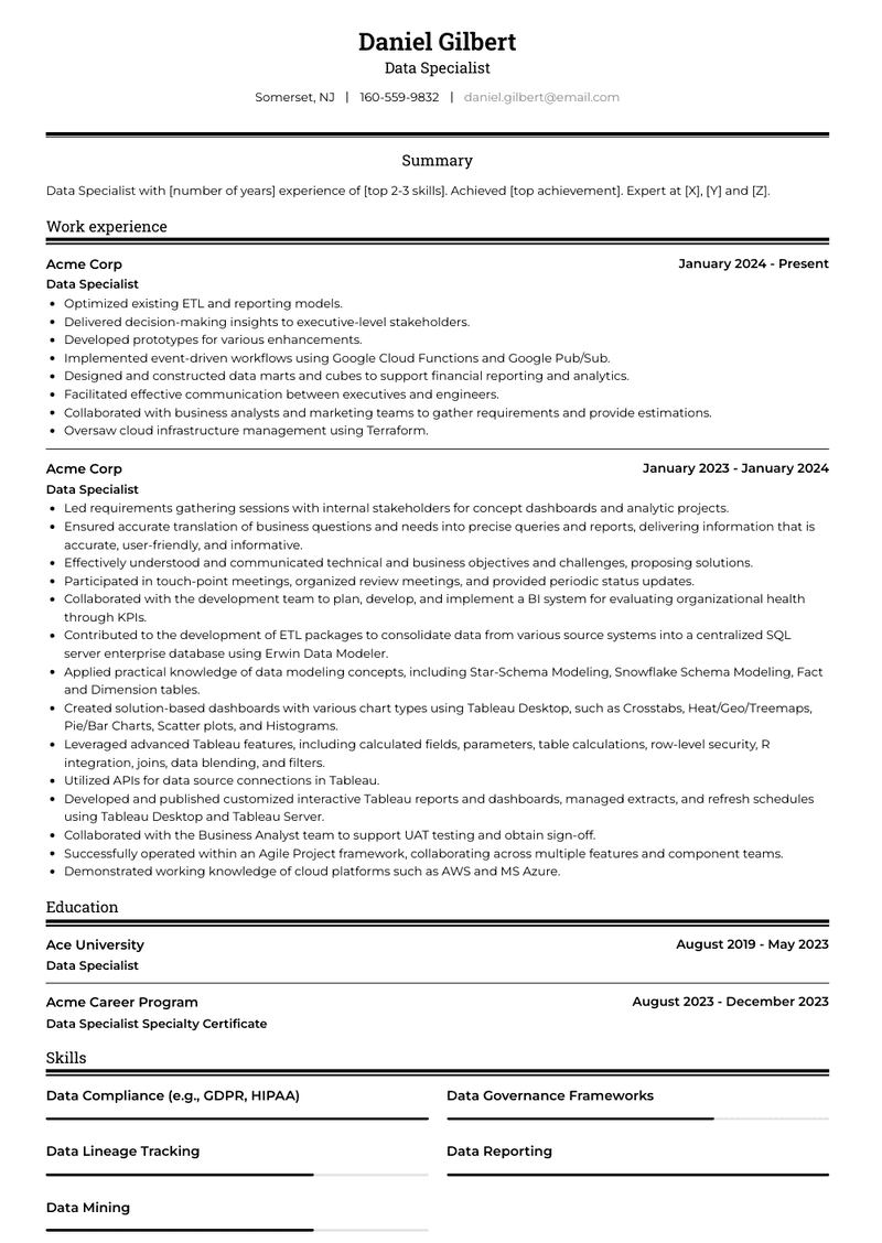 Data Specialist Resume Sample and Template