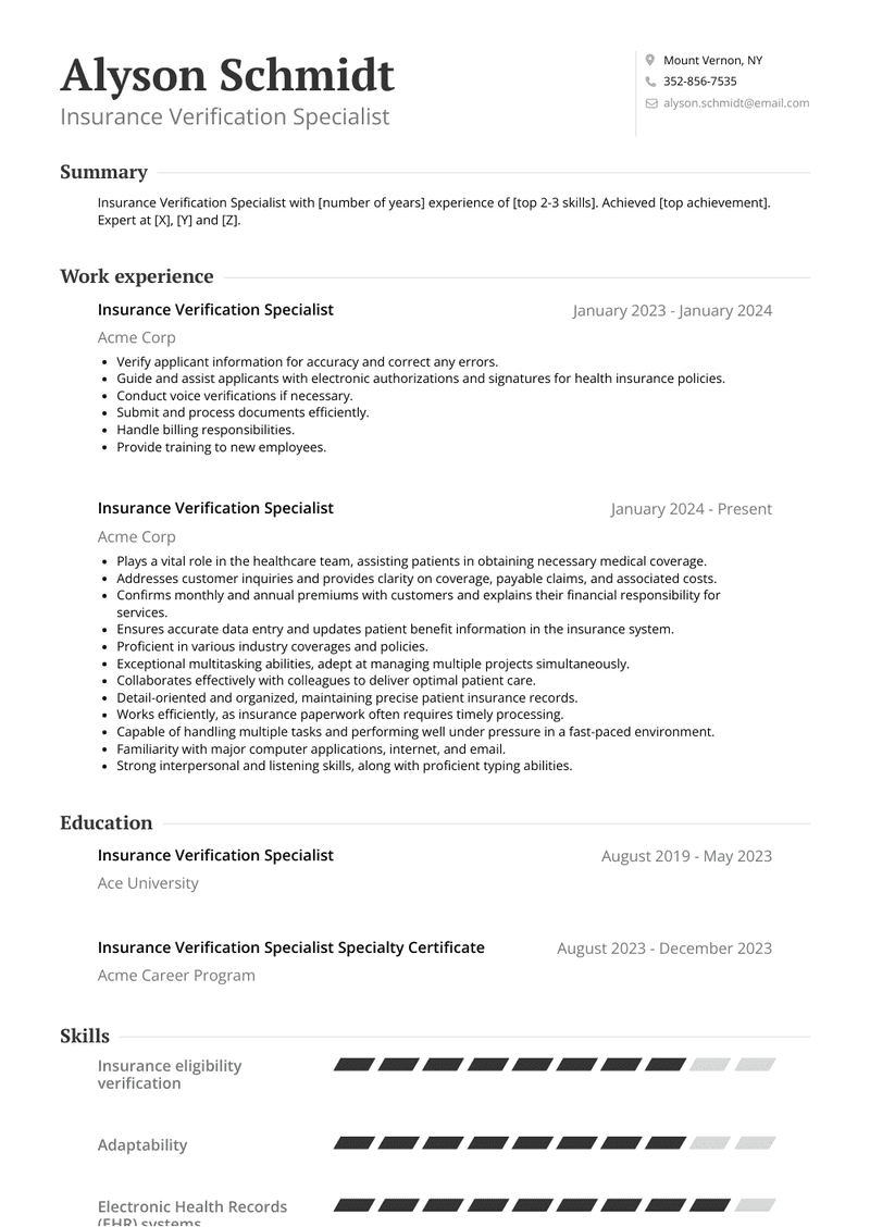 Insurance Verification Specialist Resume Sample and Template