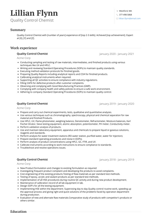Quality Control Chemist Resume Sample and Template