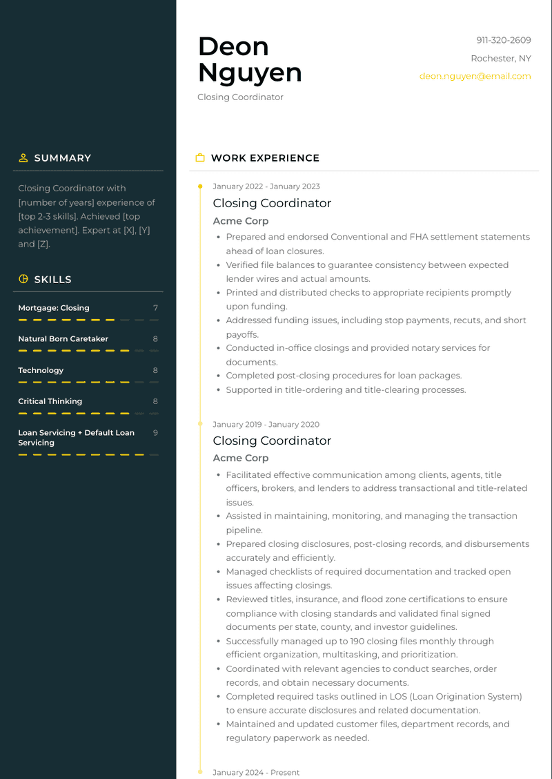 Closing Coordinator Resume Sample and Template