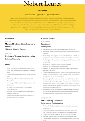 Self Employed Tax Analyst Resume Sample and Template