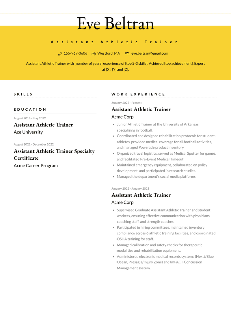Assistant Athletic Trainer Resume Sample and Template