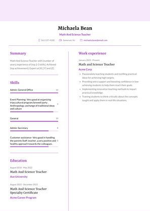 Math And Science Teacher Resume Sample and Template