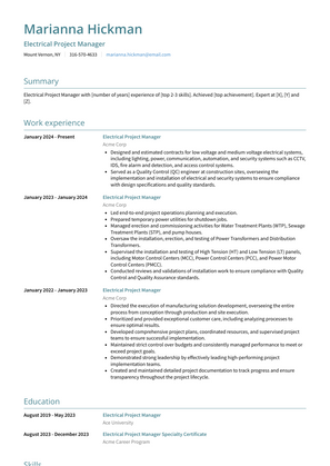Electrical Project Manager Resume Sample and Template