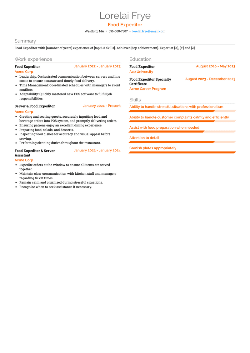 Food Expeditor Resume Sample and Template