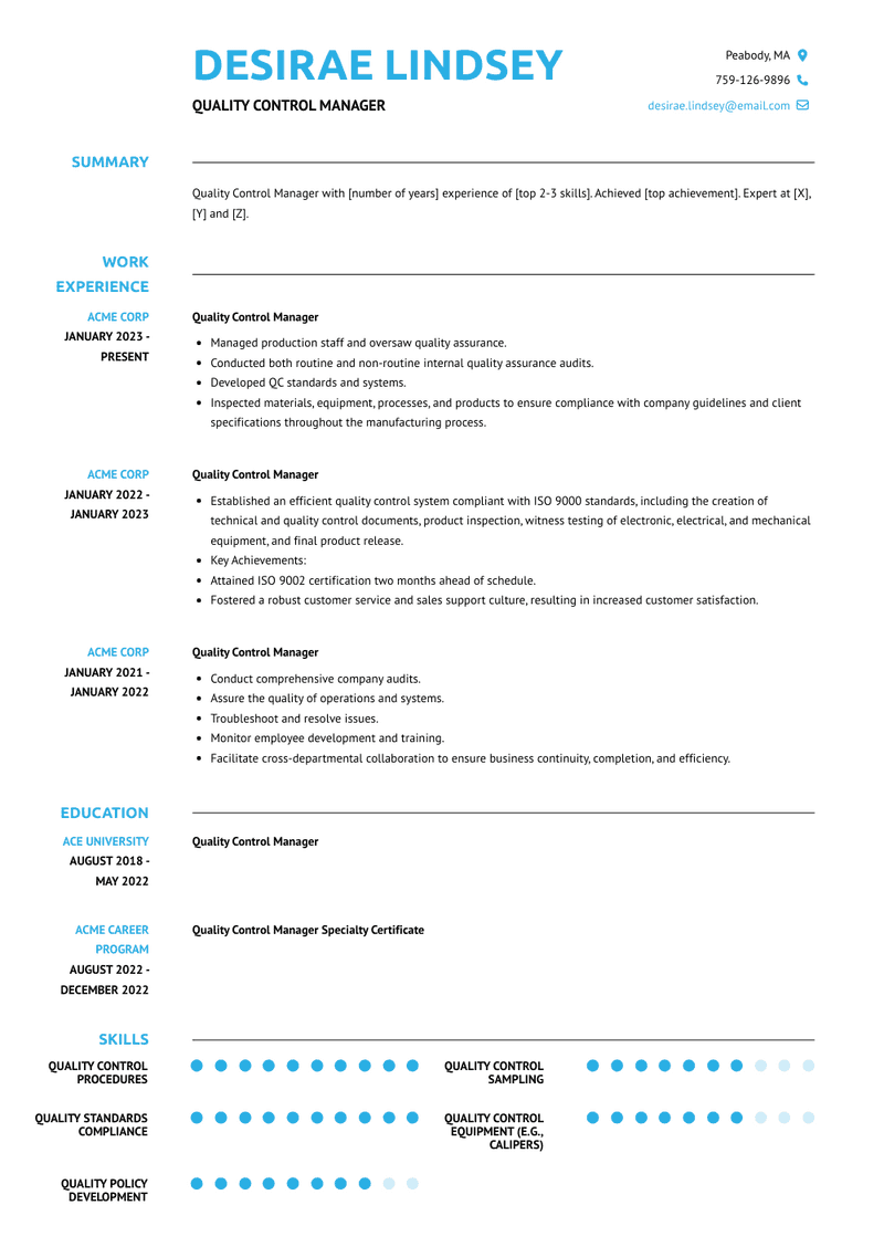 Quality Control Manager Resume Sample and Template