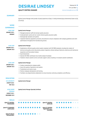 Quality Control Manager Resume Sample and Template