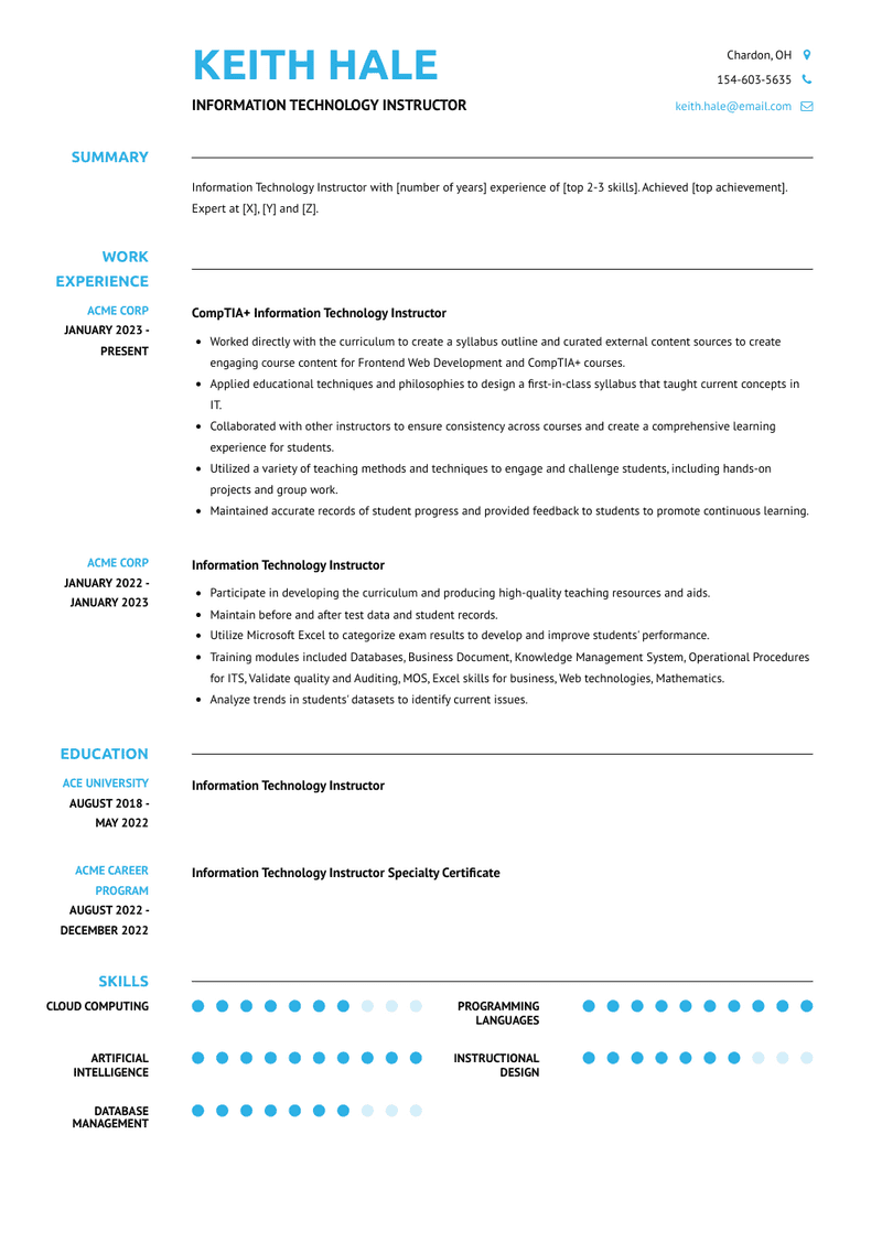 Information Technology Instructor Resume Sample and Template
