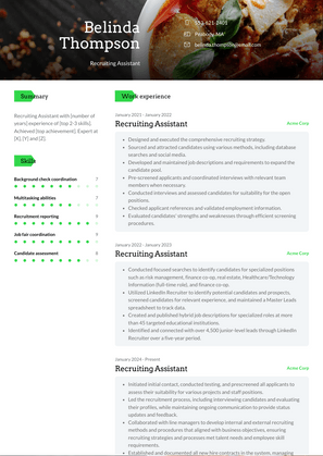 Recruiting Assistant Resume Sample and Template