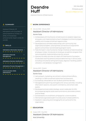 Assistant Director Of Admissions Resume Sample and Template