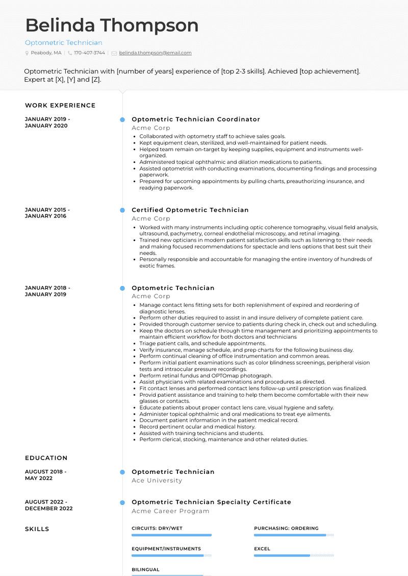 Optometric Technician Resume Sample and Template