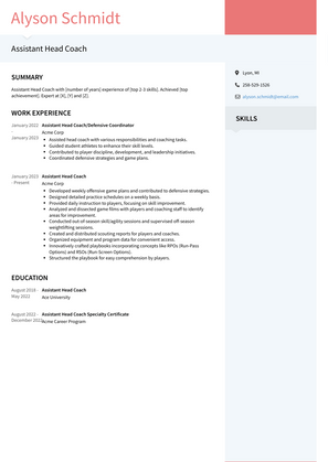 Assistant Head Coach Resume Sample and Template