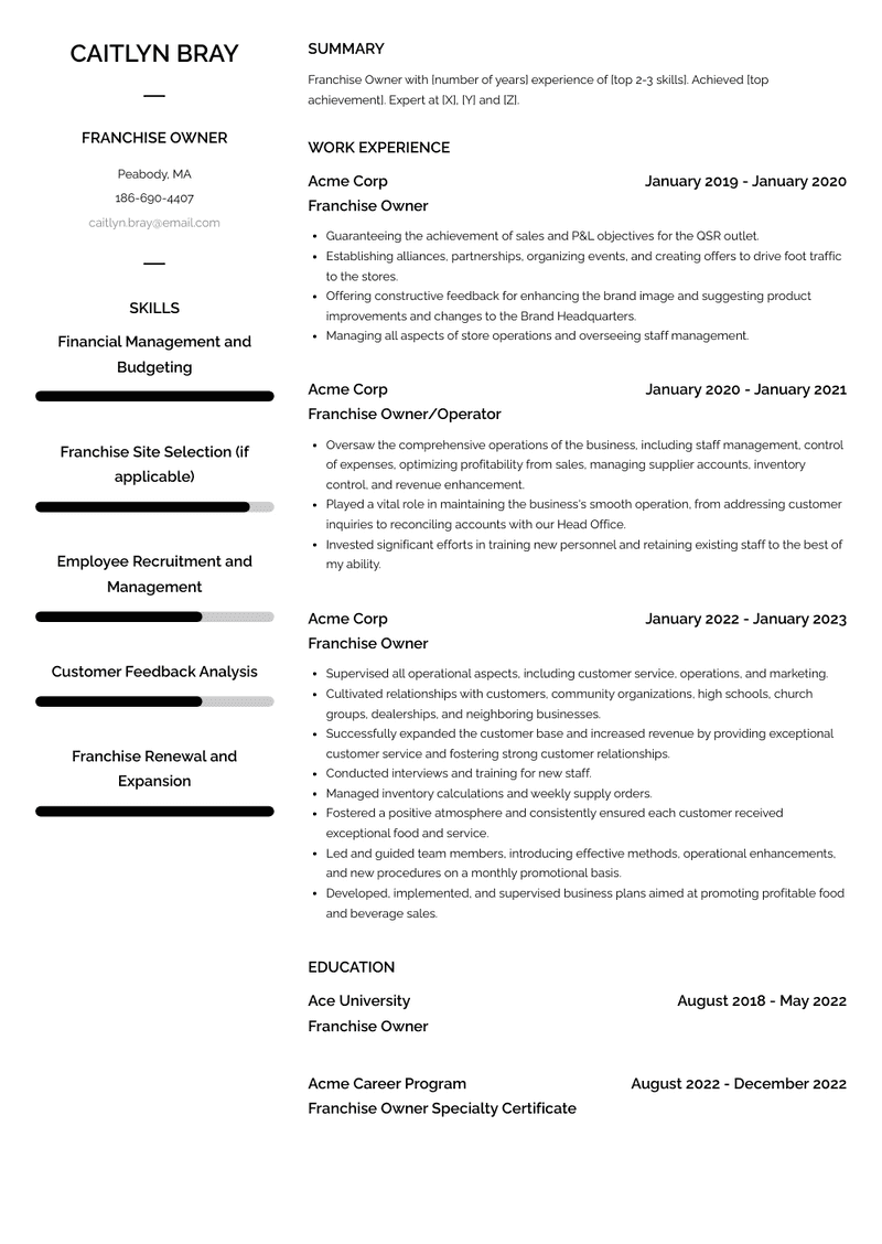 Franchise Owner Resume Sample and Template