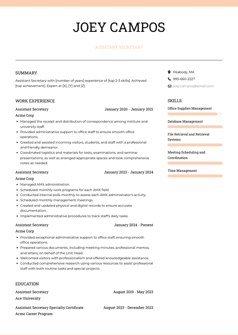 Assistant Secretary Resume Sample and Template