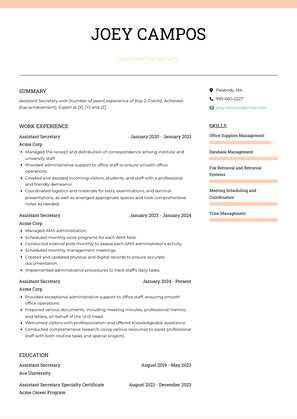 Assistant Secretary Resume Sample and Template