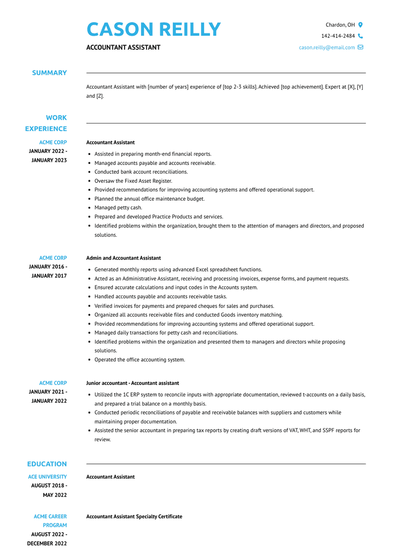 Accountant Assistant Resume Sample and Template