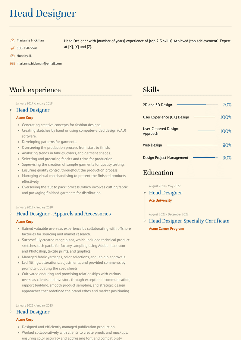 Head Designer Resume Sample and Template