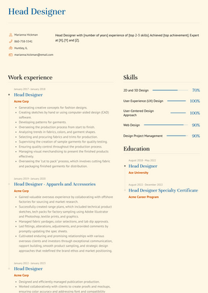 Head Designer Resume Sample and Template