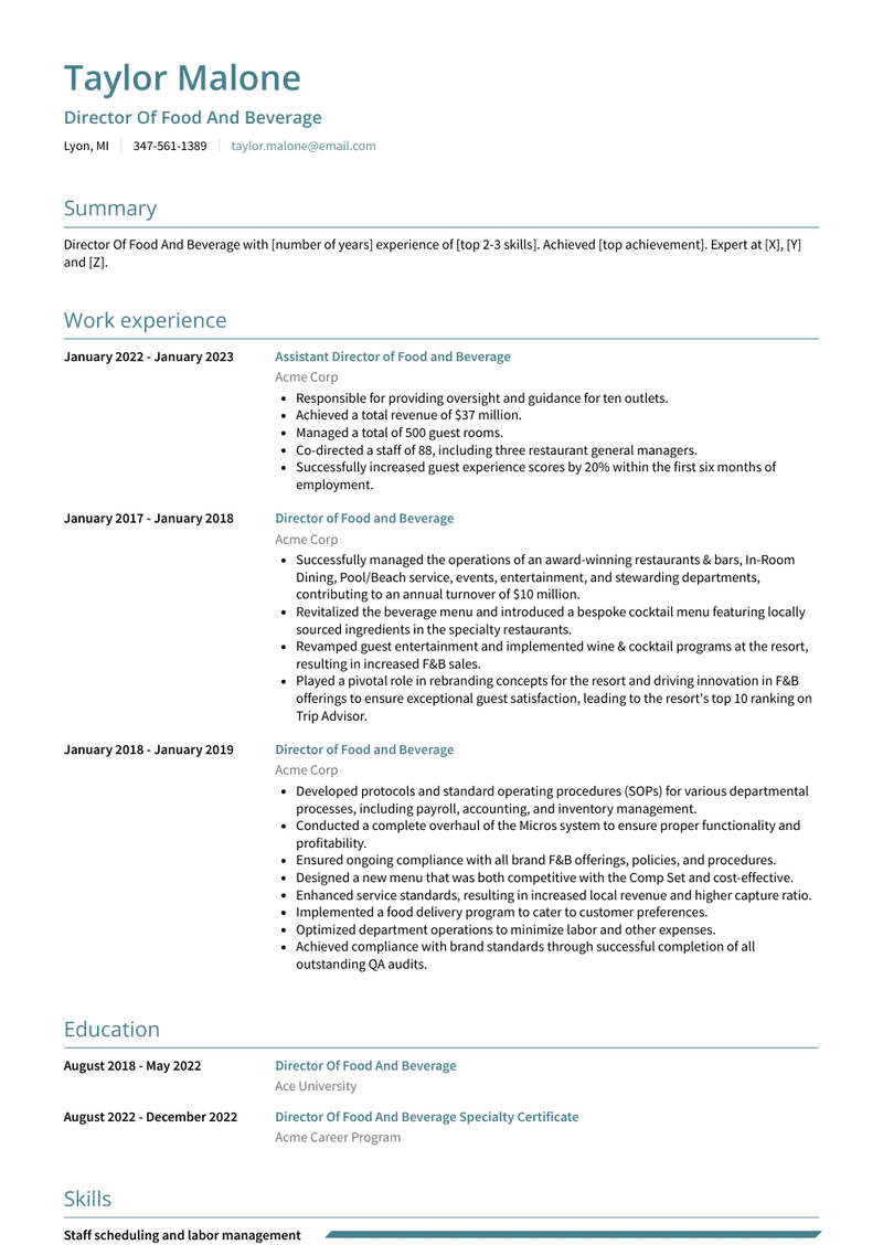 Director Of Food And Beverage Resume Sample and Template