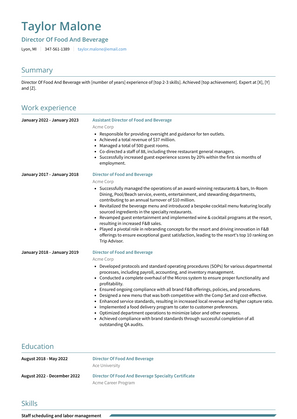 Director Of Food And Beverage Resume Sample and Template