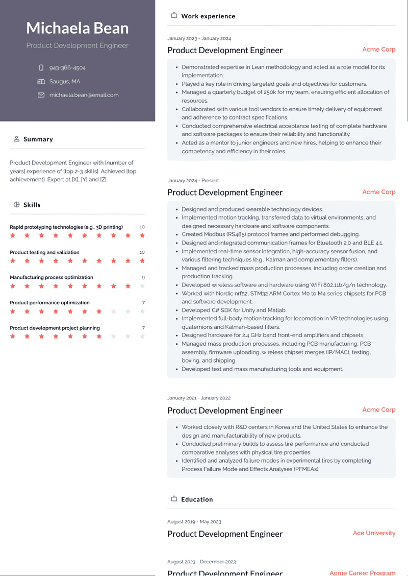 Product Development Engineer Resume Sample and Template