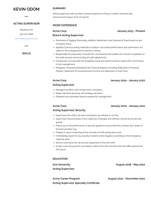 Acting Supervisor Resume Sample and Template
