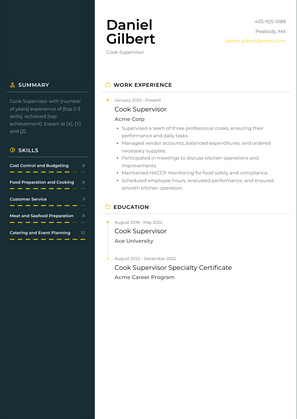 Cook Supervisor Resume Sample and Template
