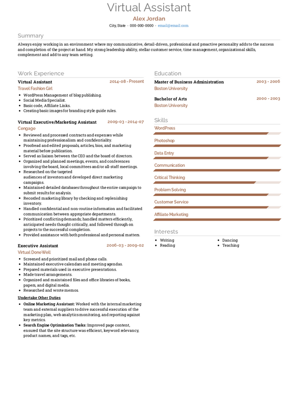 resume format for virtual assistant
