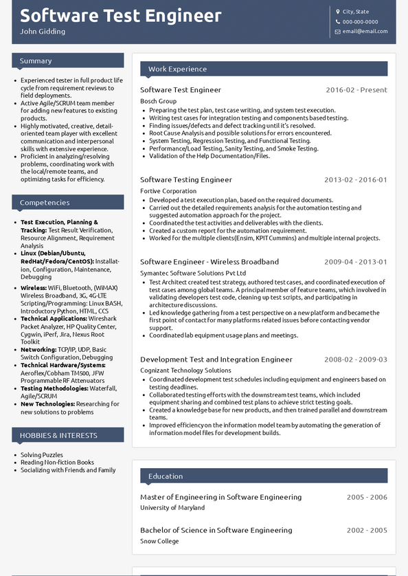 sample resume for experienced software test engineer download