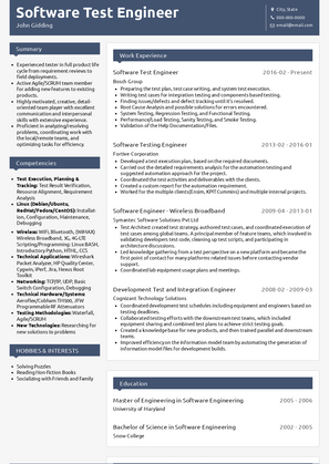 Software Test Engineer Resume Sample and Template