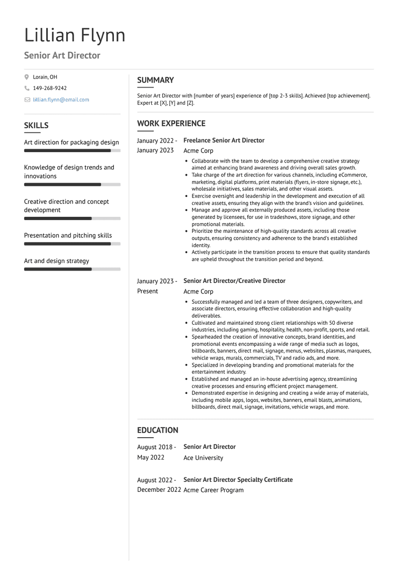 Senior Art Director Resume Sample and Template