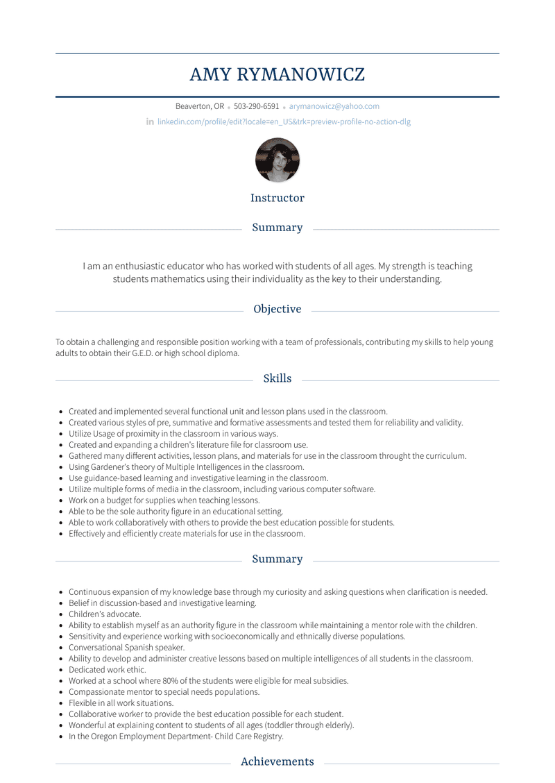 Volunteer Teacher's Aide Resume Sample and Template