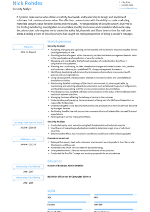 Security Analyst Resume Sample and Template