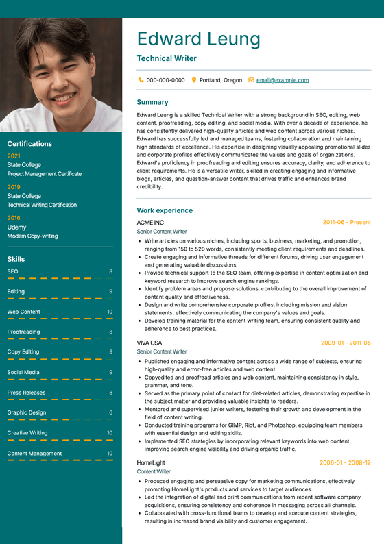Technical Writer Resume Template and Example - Summit by VisualCV