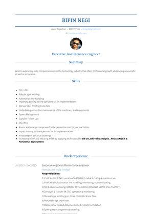 Executive Engineer/Maintenance Engineer Resume Sample and Template