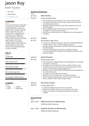 Math Teacher Resume Sample and Template